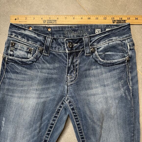 Miss Me JP5465B3 Bootcut Jeans Womens 28 Distressed Fleur-de-Lis Blue Denim - Picture 4 of 13